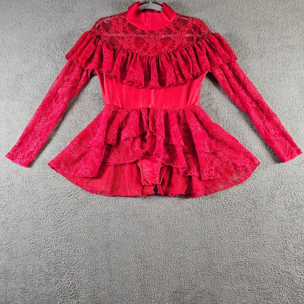 Forplay Red Lace Ruffle Bodysuit Dress Mock Neck Long Sleeve M/L Lingerie‎